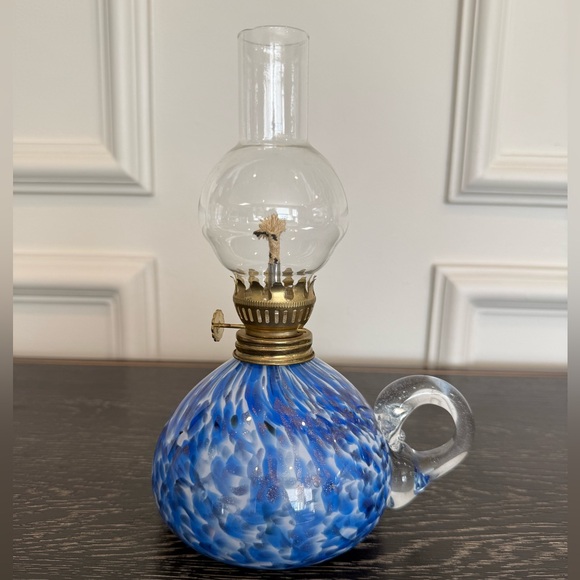 Joe Deanda Hand Blown Glass Iridescent Handled Oil Lamp Cobalt Blue Signed